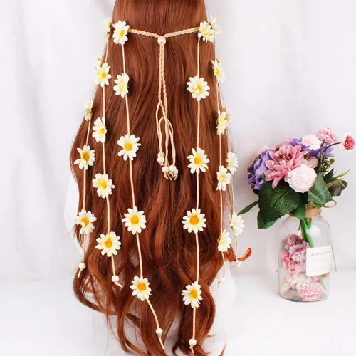 Vista 2 de WLBON Diadema de girasol de Halloween, hippie bohemio, margarita, diadema, corona, corona floral, diadema para mujer, boda, vacaciones, festival