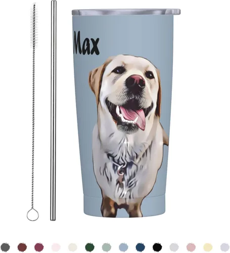 Vista 10 de Vaso personalizado de acero inoxidable para fotos de mascotas con cara de perro, 20 onzas con tapa y popote para viajes, regalo para amantes