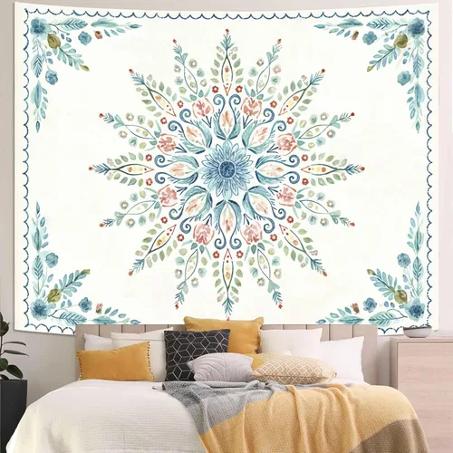 Vista 38 de Accnicc Tapiz bohemio con mandala floral para dormitorio, tapiz de pared con flores bohemias, pequeño, acuarela, azul, blanco, hippie, indio