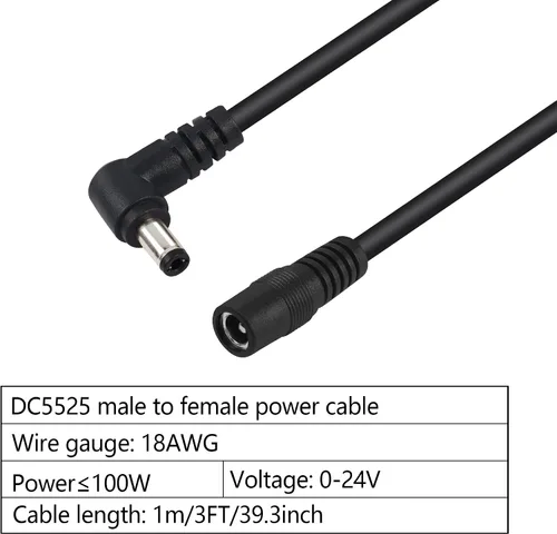 Vista 2 de GINTOOYUN Paquete de 2 cables de extensión de alimentación DC5525, DC 0.2 in x 0.1 in, ángulo recto, macho a hembra, cable resistente de 3 pies 18
