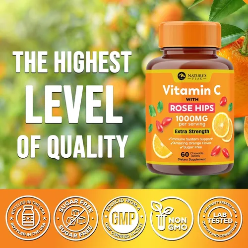 Vista 4 de Vitamina C 1000 mg por porción – Apoyo inmunológico diario extra fuerte con suplemento masticable de escaramujos – Sabor sabroso sin azúcar