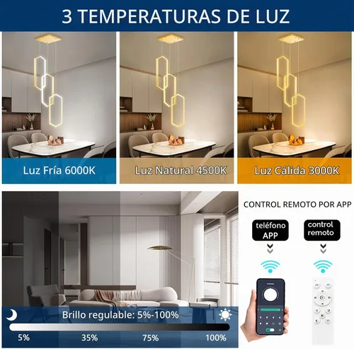 Vista 3 de Lámpara colgante regulable de 3 anillos para ajustar mini lámpara LED de techo para cocina, isla, comedor, sala de estar, dormitorio, dorado