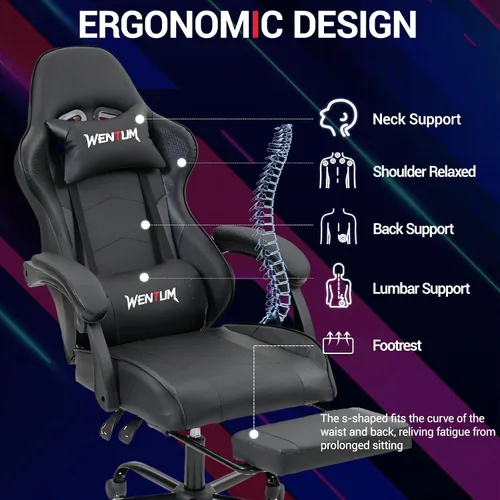 Vista 4 de Silla de juegos con reposapiés para adultos, silla de videojuegos de carreras de piel sintética, con soporte lumbar, para hombres y mujeres, silla