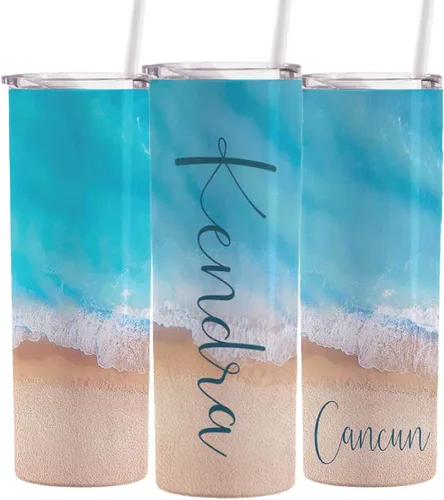 Vista 7 de AVITO Vaso personalizado para vacaciones en la playa, vaso delgado de 20 onzas con tapa y pajita, tazas de vacaciones familiares, regalo de viaje