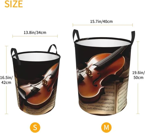Vista 5 de Cesta circular con estampado de violín y libro, impermeable, cesta organizadora de lavandería, con asas, para ropa, juguetes, pequeña