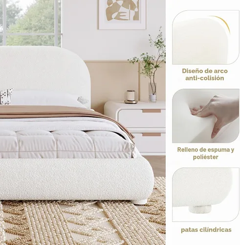 Vista 5 de Merax Cama de plataforma tapizada de tela Boucle tamaño Queen con cabecera curvada, marco de cama de madera moderno con patas cilíndricas para Crema