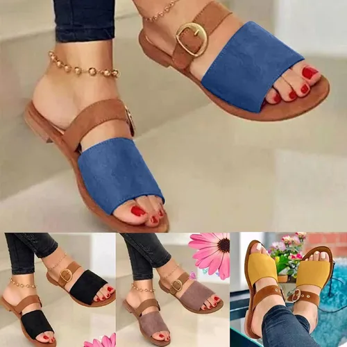 Vista 5 de Sandalias para las mujeres Casual verano, 2021 Open Toe Pisos Slip On Slide Sandalias Zapatos Correa Sandalias Metal Hebilla Zapatos
