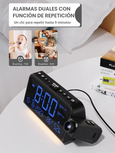 Vista 6 de Mesqool Reloj despertador de proyección para techo de dormitorio, reloj digital con modo de días laborables/fines de semana, fecha, temperatura