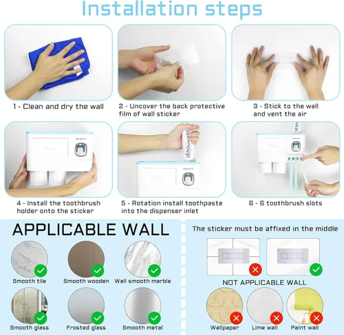 Vista 9 de Soporte multifuncional para cepillos de dientes montado en la pared, dispensador automático de pasta de dientes que ahorra espacio para cepillos