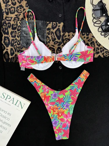 Vista 5 de SHENHE Conjunto de bikini floral de corte alto para mujer, 2 piezas, trajes de baño tropicales, ropa de playa