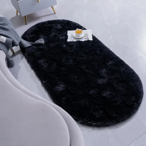Vista 3 de Goideal - Alfombra esponjosa de dormitorio, alfombra pequeña ovalada, alfombra negra peluda para mesita de noche, ideal para habitación infantil