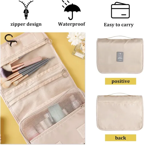 Vista 4 de Pengxiaomei Neceser para mujer, bolsa de cosméticos impermeable para colgar, bolsa portátil de maquillaje de viaje, bolsa de baño con asa Beige