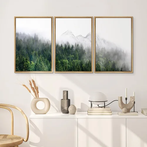 Vista 552 de SIGNWIN Lienzo enmarcado para pared, juego de arte pastel con cadena montañosa, bosque, niebla, naturaleza silvestre, ilustraciones modernas, arte