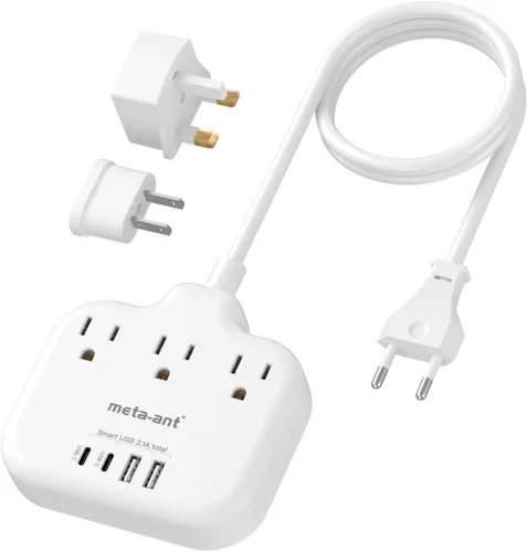 Vista 10 de Adaptador de Enchufe de Sudáfrica, Adaptador Tipo M para Sudáfrica con 3 Tomas de CA y 4 Puertos USB (2 USB C) 15.5W, Cable de Extensión de 3FT