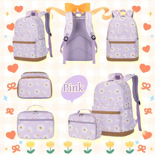 Vista 17 de 3 piezas de mochila con estampado de margaritas para niños, mochila de escuela primaria, mochila para estudiantes de primaria, mochila para Negro