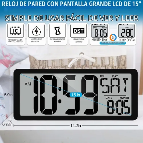 Vista 2 de TXL Reloj de pared digital grande de 14.2 pulgadas, funciona con pilas, reloj digital con pantalla grande con día, fecha y temperatura, reloj