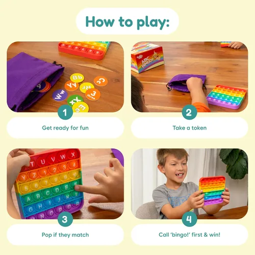 Vista 3 de The Fidget Game ABC Bingo, Games for Kids – Seis alfombrillas educativas de bingo del alfabeto con burbujas para preescolar, niños pequeños, jardín