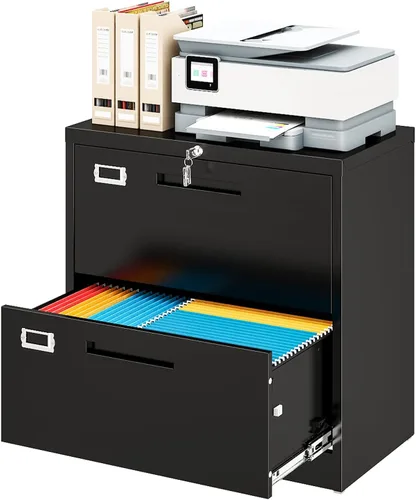 Vista 23 de Archivador de metal con 2 cajones con cerradura, gabinete archivador con soporte para impresora móvil y estantes para archivos de tamaño Negro