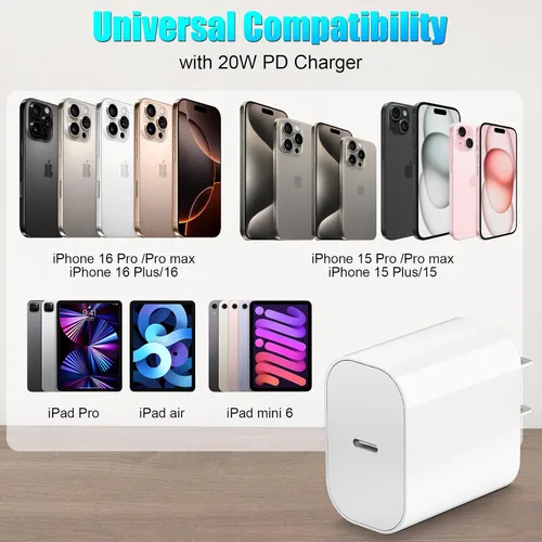 Vista 3 de Carga Rápida para iPhone 16 15 Cargador, Paquete de 2 Cargador USB C de Apple de 20W con Cable de Carga USB C a C de 6 Pies para iPhone 16 Pro