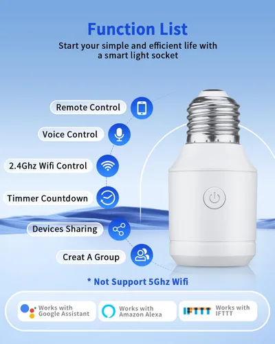 Vista 2 de Enchufe de luz de control remoto con WiFi (solo 2.4G), WiFi inteligente y Bluetooth y adaptador de bombilla RF433 E26 E27 e interruptor de pared