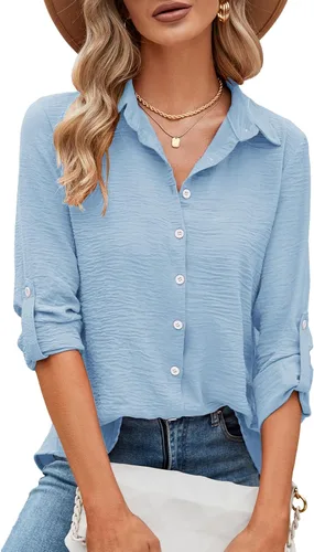 Vista 24 de Odosalii - Camisas con botones para mujer, con cuello en V, manga larga, enrolladas, blusas elegantes y formales para negocios y ocasiones casuales