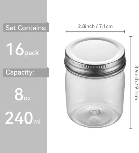 Vista 2 de Tarros de plástico reutilizables con tapa hermética plateada, tarros transparentes de 8 onzas para alimentos secos, café, sin BPA