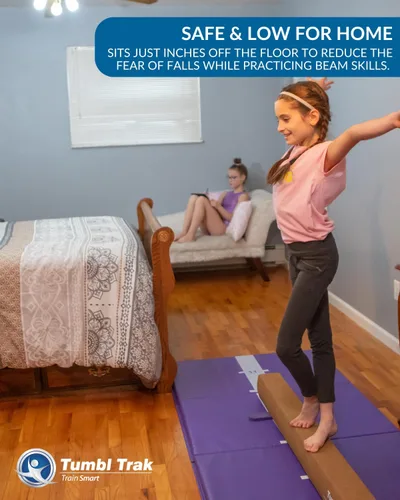 Vista 4 de Tumbl Trak Haz de equilibrio de gamuza de entrenamiento de gimnasia de 8 pies, haz alto y bajo para el hogar, base antideslizante, sensación