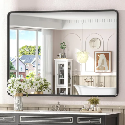 Vista 28 de Espejo rectangular con marco mate negro de 20x30 pulgadas para baño, espejo de tocador para pared de baño con esquinas redondeadas, antióxido y a