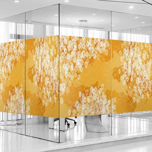 Vista 4 de Película adhesiva de vidrio esmerilado para ventana, color crema de caléndula, para privacidad, exótica, japonés, flor de cerezo japonés, película