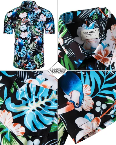 Vista 13 de TUNEVUSE Conjunto de camisas y pantalones cortos hawaianos para hombre, 2 piezas, trajes de playa con estampado de flores, traje tropical de verano