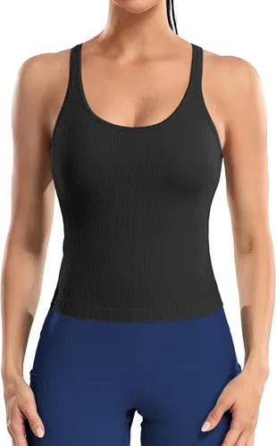 Vista 79 de ATTRACO Camiseta corta acanalada de entrenamiento para mujer con brasier integrado para yoga, espalda cruzada, ajuste ajustado