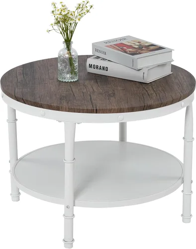 Vista 6 de VINGLI - Mesa de café de granja redonda de nogal oscuro y blanco de 25.6", mesa de centro con 2 estantes de almacenamiento para sala de estar