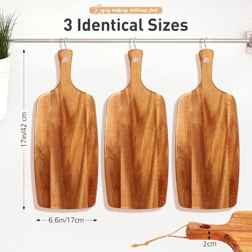 Vista 5 de Kathfly 3 tablas de cortar de madera de acacia con mango láser de madera para servir charcutería para verduras, carne, pizza, queso, pan de frutas