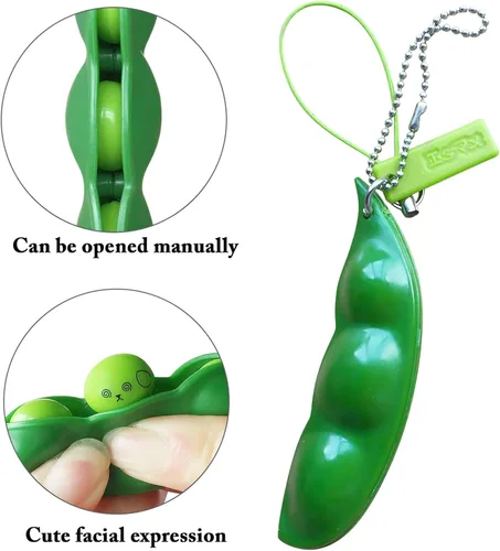 Vista 3 de Acerich Paquete de 3 llaveros Edamame Fidget Toys – Squeeze-a-Bean Puchi Puti Mugen Llavero Guisante Llavero Soja Juguetes Regalo