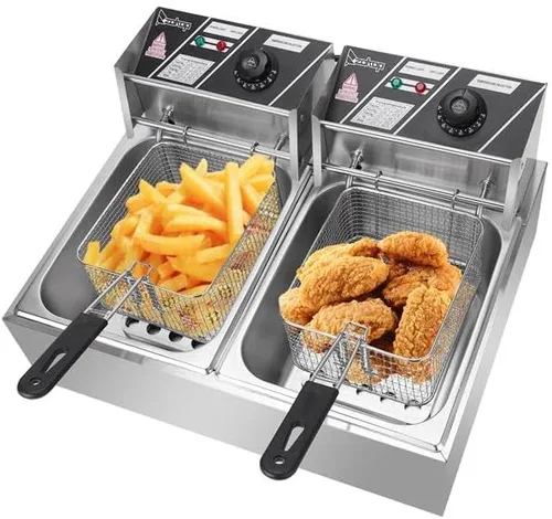 Vista 8 de Freidoras eléctricas de grasa profunda con cesta extraíble Freidoras de aceite eléctricas de doble tanque de cocina Máquina de freír 5000W MAX