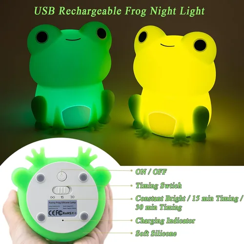 Vista 6 de Luz nocturna para niños, lámpara de rana con bonitas calcomanías de rana, lámpara de noche para dormitorio, luz nocturna para bebé, niña, niño