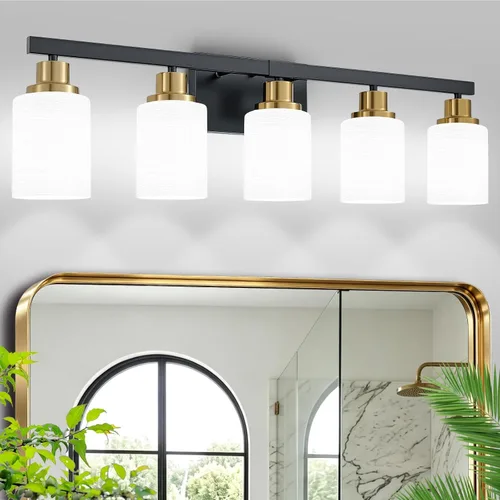Vista 8 de Juego de 2 apliques de pared para baño, 1 luz negra, apliques de pared modernos para interiores con pantallas de vidrio blanco, lámpara de pared