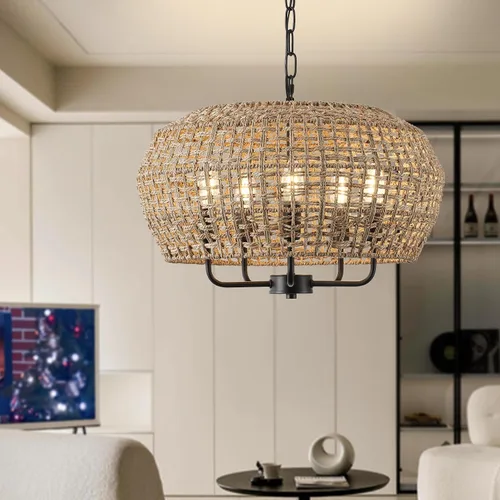 Vista 5 de Lámpara de araña de ratán bohemio de 20 pulgadas para comedor, 5 luces tejidas a mano de ratán natural con cadena ajustable, enchufes E12