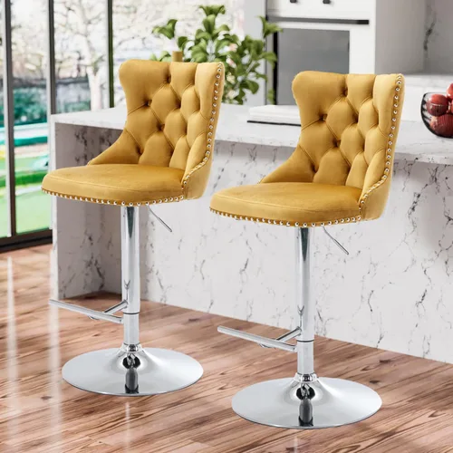 Vista 32 de Aoowow Juego de 2 taburetes de bar giratorios ajustables con parte trasera de terciopelo copetudo, sillas de bar modernas tapizadas con cabeza