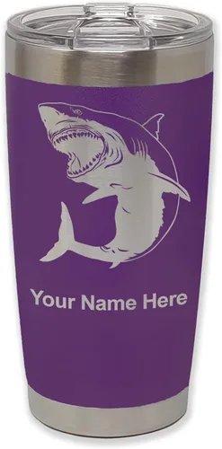 Vista 38 de LaserGram Vaso aislado al vacío de 20 onzas, gran tiburón blanco, grabado personalizado incluido (negro)