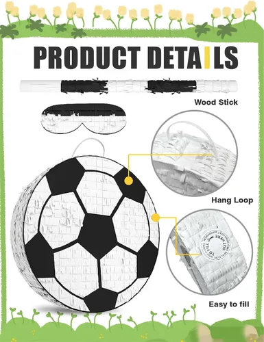 Vista 3 de Piñata de fútbol – Incluye palo de madera, vendaje de ojos y confeti – 13 x 13 x 3 pulgadas – Perfecto para decoraciones de fiestas deportivas