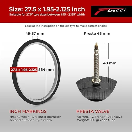 Vista 2 de Fincci Pair 27.5 x 1.95-2.125 Inch Bike Inner Tubes 48mm Schrader or Presta Valve Inner Tube for Mountain MTB Road Hybrid Bicycle - Pack of 2