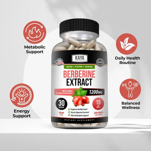 Vista 4 de Kaya Naturals Extracto de berberina HCL de 1200 mg - Sistema inmunológico - Niveles de gluco - Salud intestinal (vegetariano, sin OMG y sin gluten)