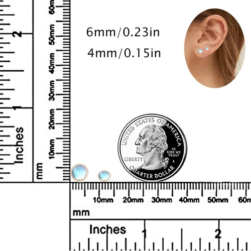 Vista 5 de Aretes para orejas sensibles, aretes de piedra lunar sintética, aretes redondos de plata de ley para mujer