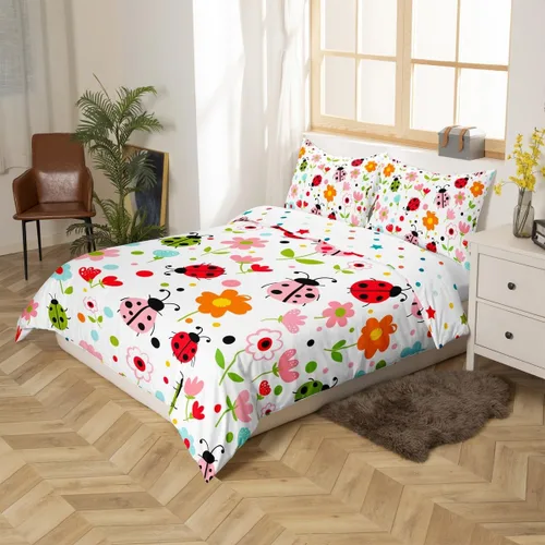 Vista 4 de Manfei Juego de funda de edredón de mariquita de tamaño individual, juego de ropa de cama de flores de acuarela de 2 piezas, funda de edredón floral