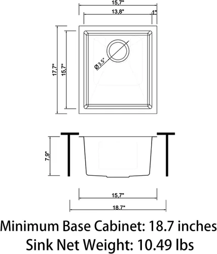 Vista 5 de Sinber HU1517S-S Fregadero de cocina de un solo compartimento bajo encimera de 16" x 18" x 8" con acero inoxidable 304 calibre 18 acabado satinado