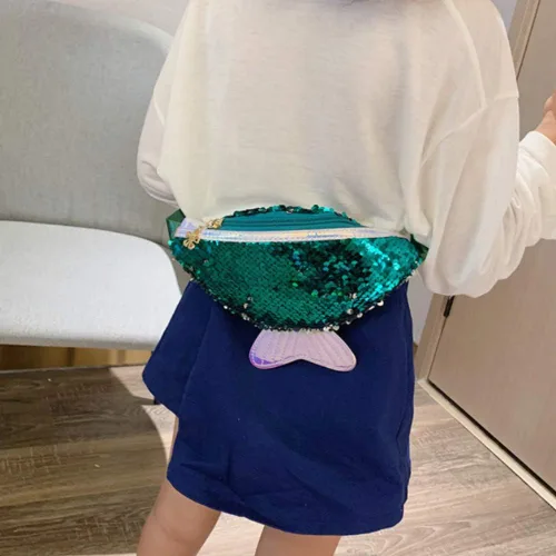 Vista 2 de JUMISEE Riñonera de lentejuelas brillantes para niños y niñas, bolsa de cintura holográfica con purpurina y cola de sirena, bolso cruzado, Verde