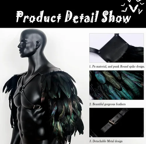 Vista 4 de L'VOW Arnés de plumas góticas para hombre, ajustable, de piel sintética, armadura de hombro, guardias medievales para Halloween y cosplay