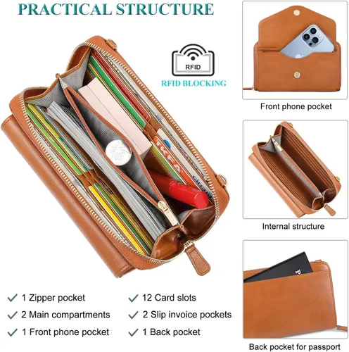 Vista 3 de Peacocktion Cartera para mujer con RFID, cartera cruzada de gran capacidad, 2 correas