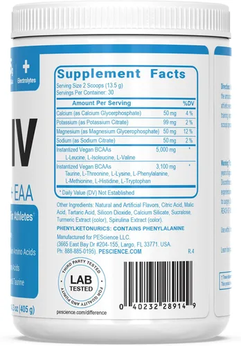 Vista 6 de PEScience Amino IV, manzana verde agria, 60 cucharadas, BCAA y polvo EAA con electrolitos